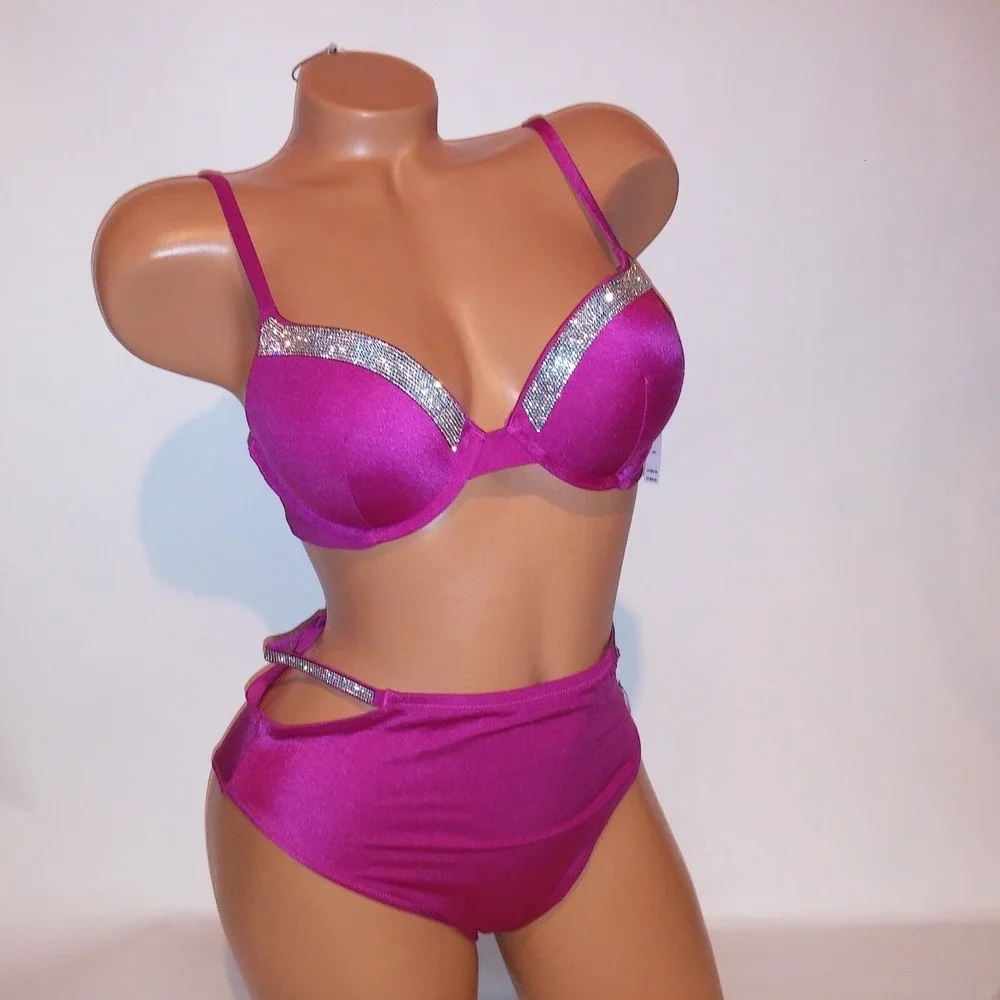 Victoria Secret Swim Bikini 34DD Top Small Bottom Push Up Pink Shine Trim Bling